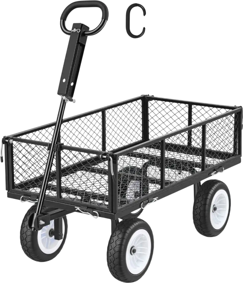 VEVOR Garden Cart, 900 LBS, Heavy Duty Steel Yard and Garden Utility Wagon with 10-Inch Tires, Outdoor Gardening Stool with Adjustable Handle, Detachable Side Panels, Attach to ATV or Tractor, Black