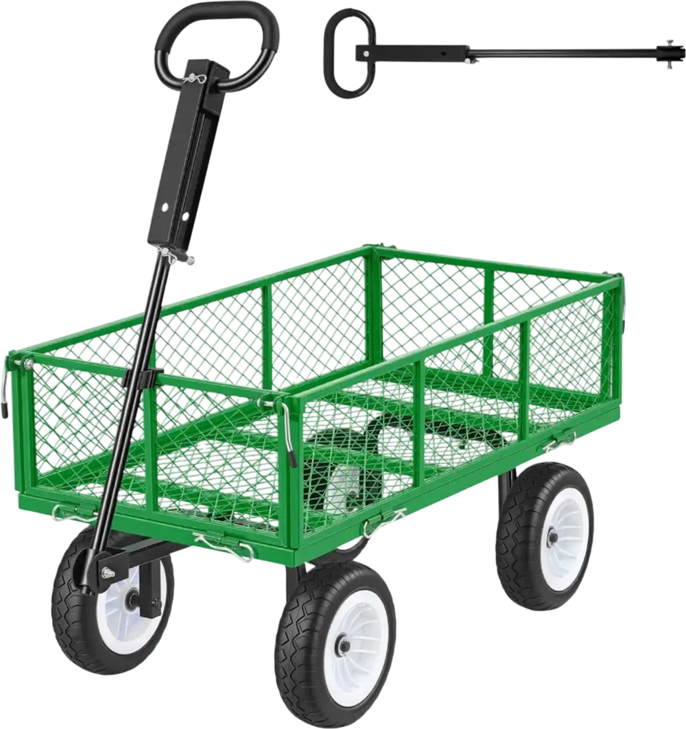 VEVOR Garden Cart, 900 LBS, Heavy Duty Steel Yard and Garden Utility Wagon with 10-Inch Tires, Outdoor Gardening Stool with Adjustable Handle, Detachable Side Panels, Attach to ATV or Tractor, Green