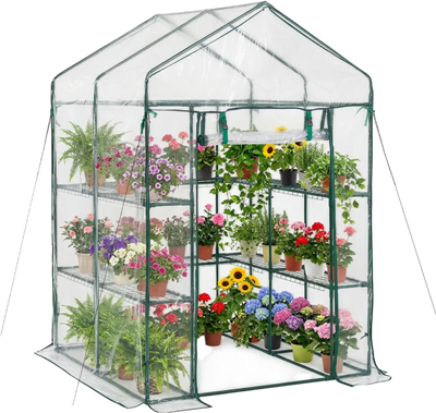 VEVOR Walk-in Green House, 54 x 54 x 77.2 in, Greenhouse with Shelves, High Strength PE Cover with Zipper Door and Steel Frame, Assembly in Minutes, Suitable for Planting and Storage