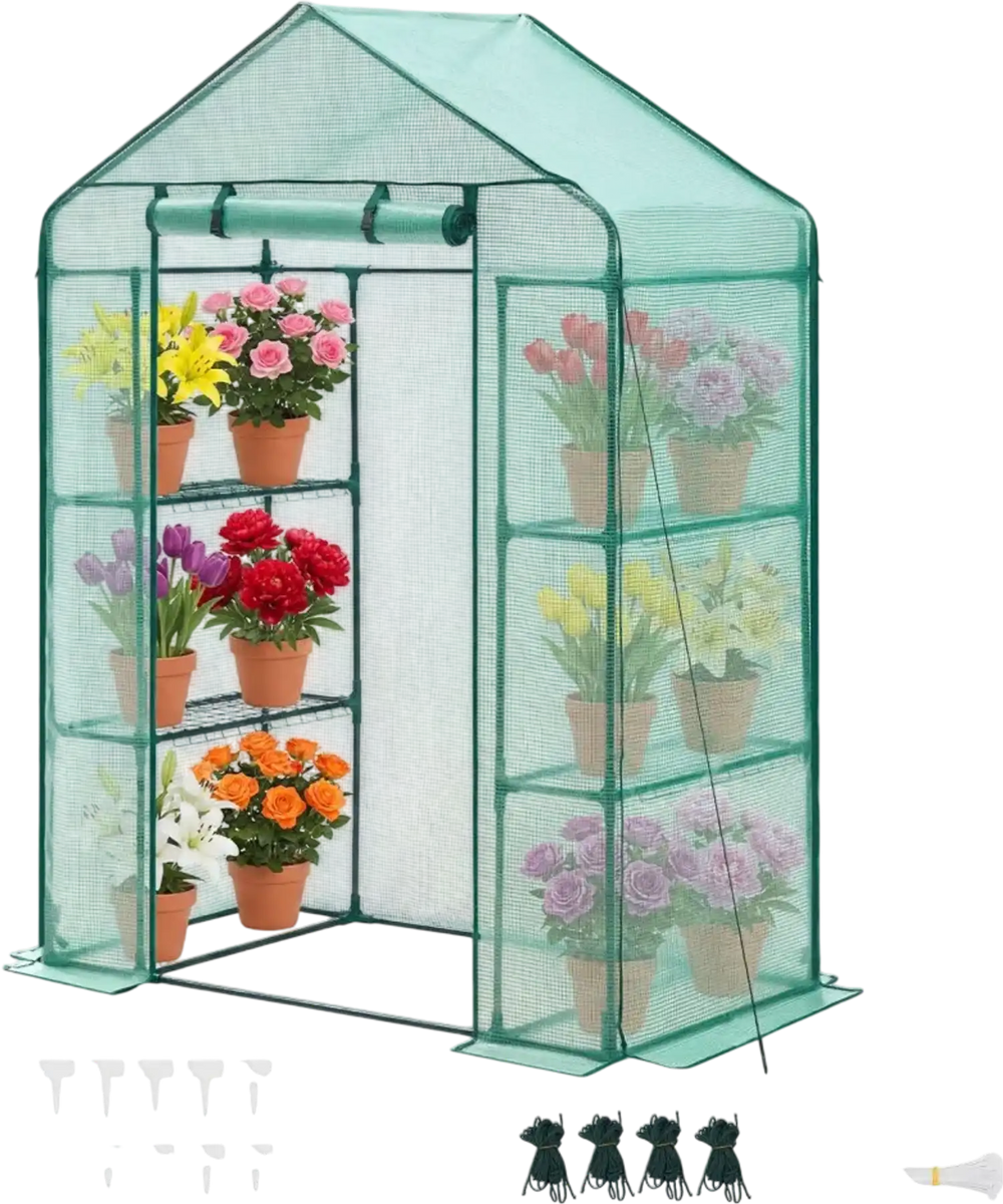 VEVOR Walk-in Greenhouse, 55.5" x 28.3" x 78.7" Greenhouse for Outdoors with PE Cover, 2 Tiers 4 Shelves, Roll-Up Zipper Door, Walk in Green House, Portable Plant Garden Hot House for Backyard Outside
