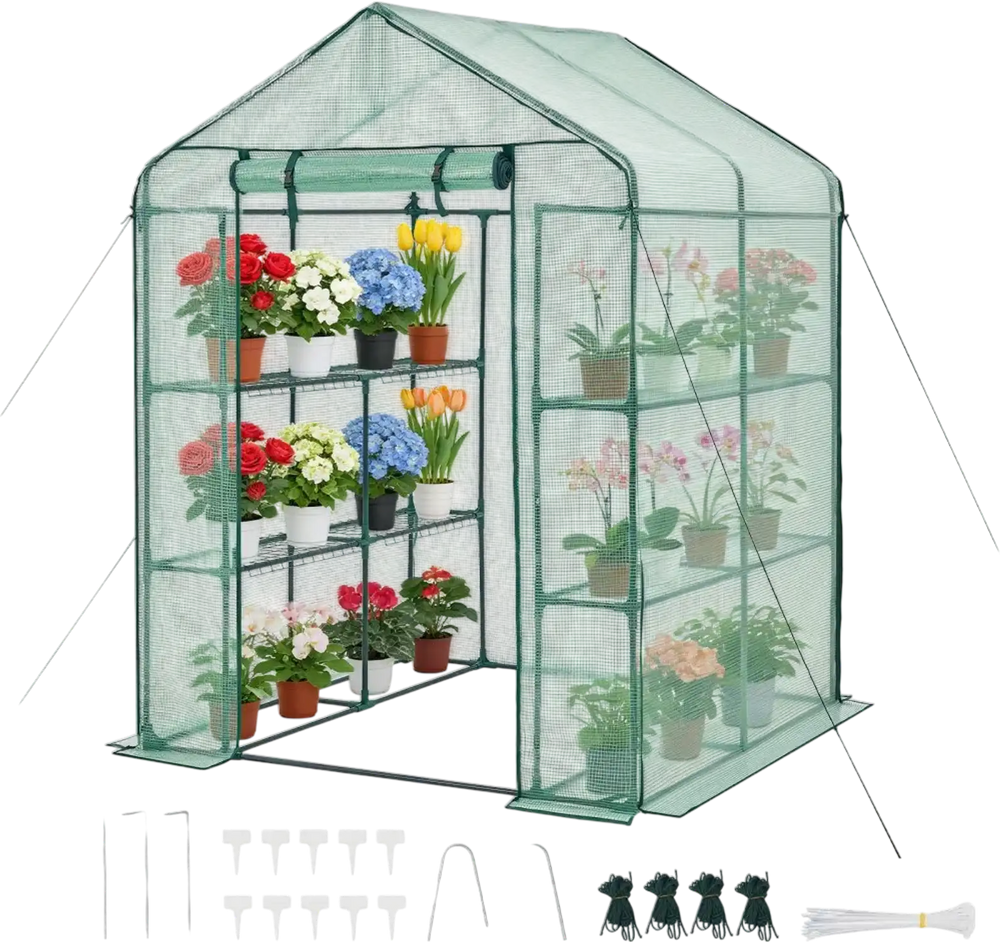VEVOR Walk-in Greenhouse, 55.5" x 56.1" x 78.7" Greenhouse for Outdoors with PE Cover, 2 Tiers 8 Shelves, Roll-Up Zipper Door, Walk in Green House, Portable Plant Garden Hot House for Backyard Outside