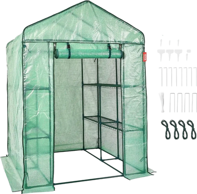 VEVOR Walk-in Green House, 4.6 x 4.6 x 6.6 ft , Greenhouse with Shelves, High Strength PE Cover with Zipper Door and Steel Frame, Assembly in Minutes, Suitable for Planting and Storage
