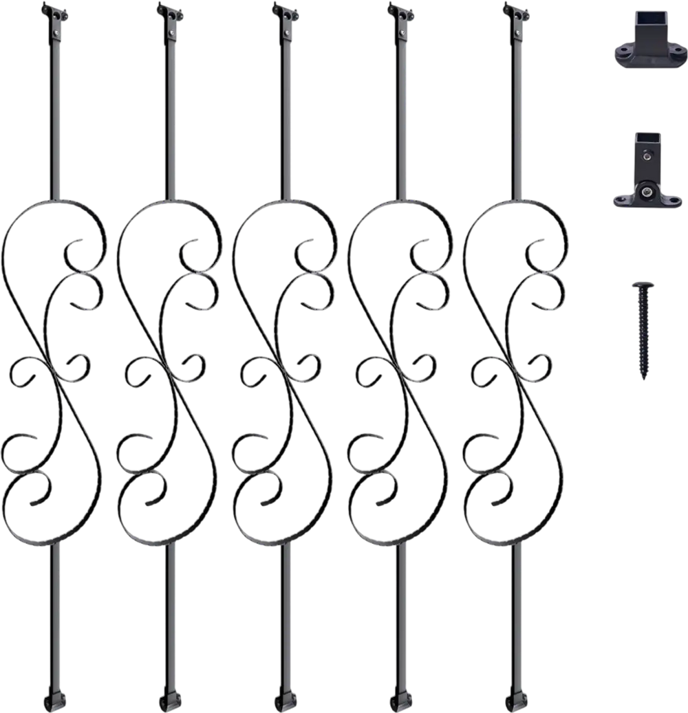 VEVOR Staircase Metal Balusters, 44'' x 1/2" Galvanized Steel Decorative Banister Spindles, 5 Pack S Shape Deck Baluster, Hollow Satin Black Spiral Stair Railing with Shoes & Screws