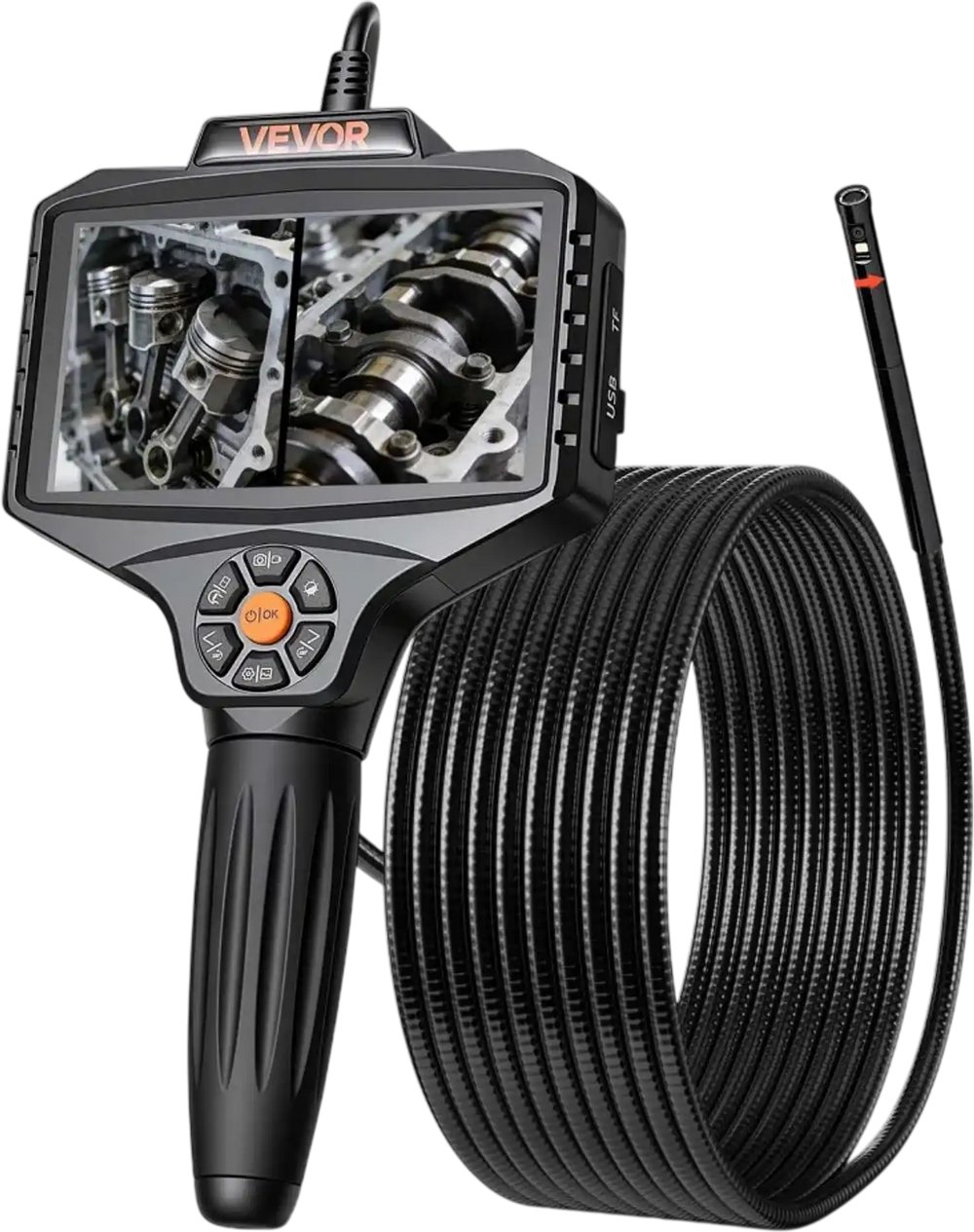 VEVOR Endoscope with Light, 360° View Coverage Industrial Borescope Inspection Camera with Rotating Probe, 1080P HD Rigid Snake Scope Cam for Wall Automotive Engine Inspect-16.4FT