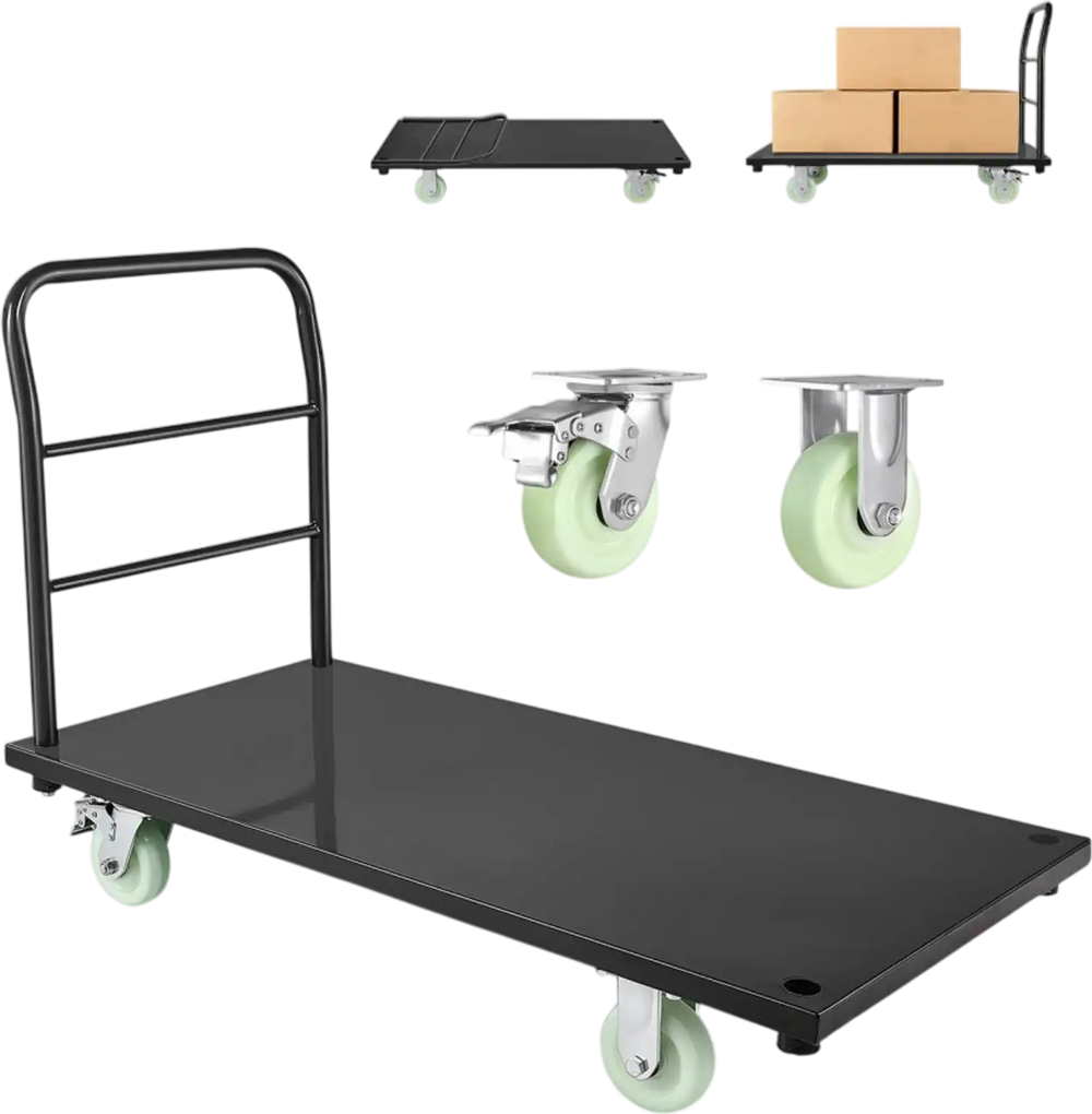 VEVOR Heavy Duty Platform Truck, 2000 lbs Capacity, Industrial Steel Flatbed Cart with Swivel Wheels and Handle, Platform Hand Push Truck Dolly, Easy Storage, for Luggage Moving, 48 x 24 x 32.1 in