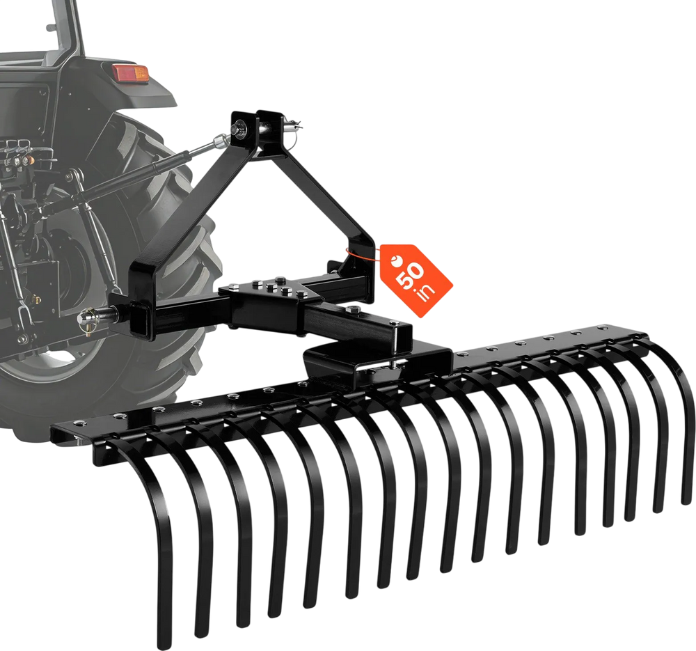 VEVOR 50 in Lanscape Rock Rake, 3-Point Tow Behind Landscape Rake with 17 Steel Tines, Fit Category 1 Tractors, Angle Adjustable, Heavy Duty Lawn Dethatcher Rake for Grass Branch Debris