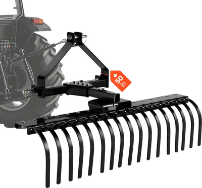 Vevor Tow Behind Landscape Rake 50 in. 17 Steel Tines with 3-Point Universal Hitch New