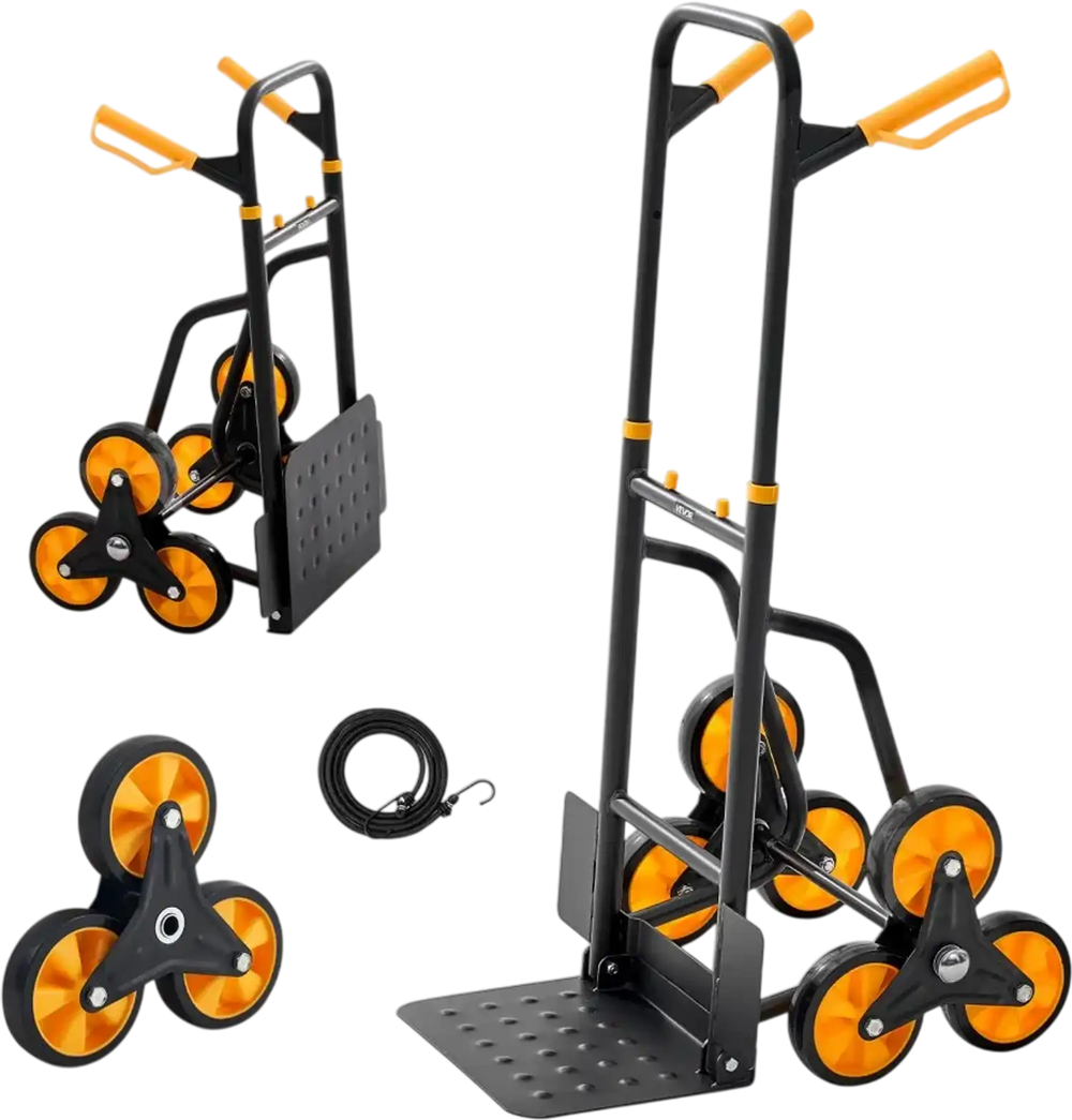 VEVOR Stair Climbing Cart, 440 lbs Stair-Climbing Capacity, Heavy-Duty Folding Trolley Cart with Telescoping Handle, 6 Wheels and 2 Bungee Cords, Stair Climber Dolly for Home, Groceries, Warehouse
