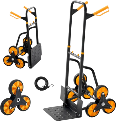 VEVOR Stair Climbing Cart, 440 lbs Stair-Climbing Capacity, Heavy-Duty Folding Trolley Cart with Telescoping Handle, 6 Wheels and 2 Bungee Cords, Stair Climber Dolly for Home, Groceries, Warehouse