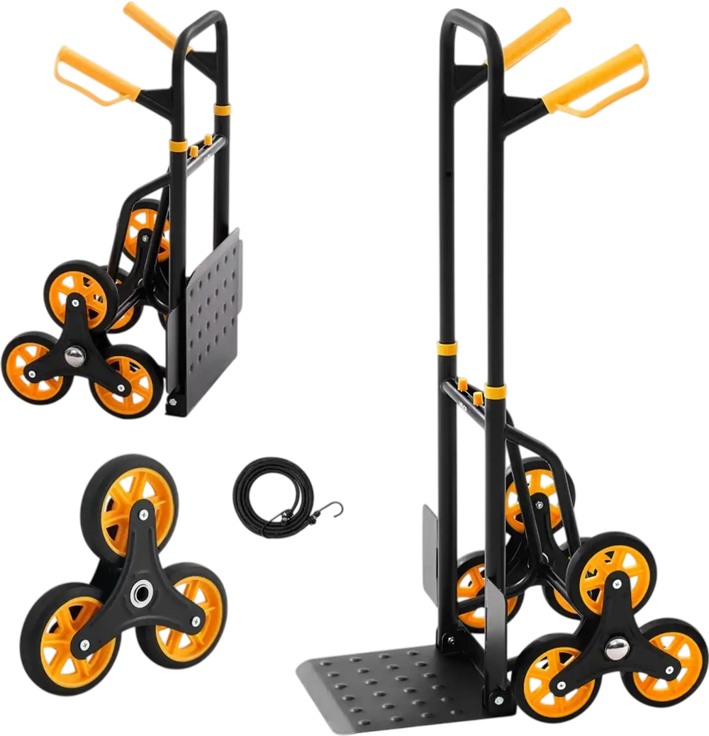 VEVOR Stair Climbing Cart, 330 lbs Stair-Climbing Capacity, Heavy-Duty Folding Trolley Cart with Telescoping Handle, 6 Wheels and 2 Bungee Cords, Stair Climber Dolly for Home, Groceries, Warehouse