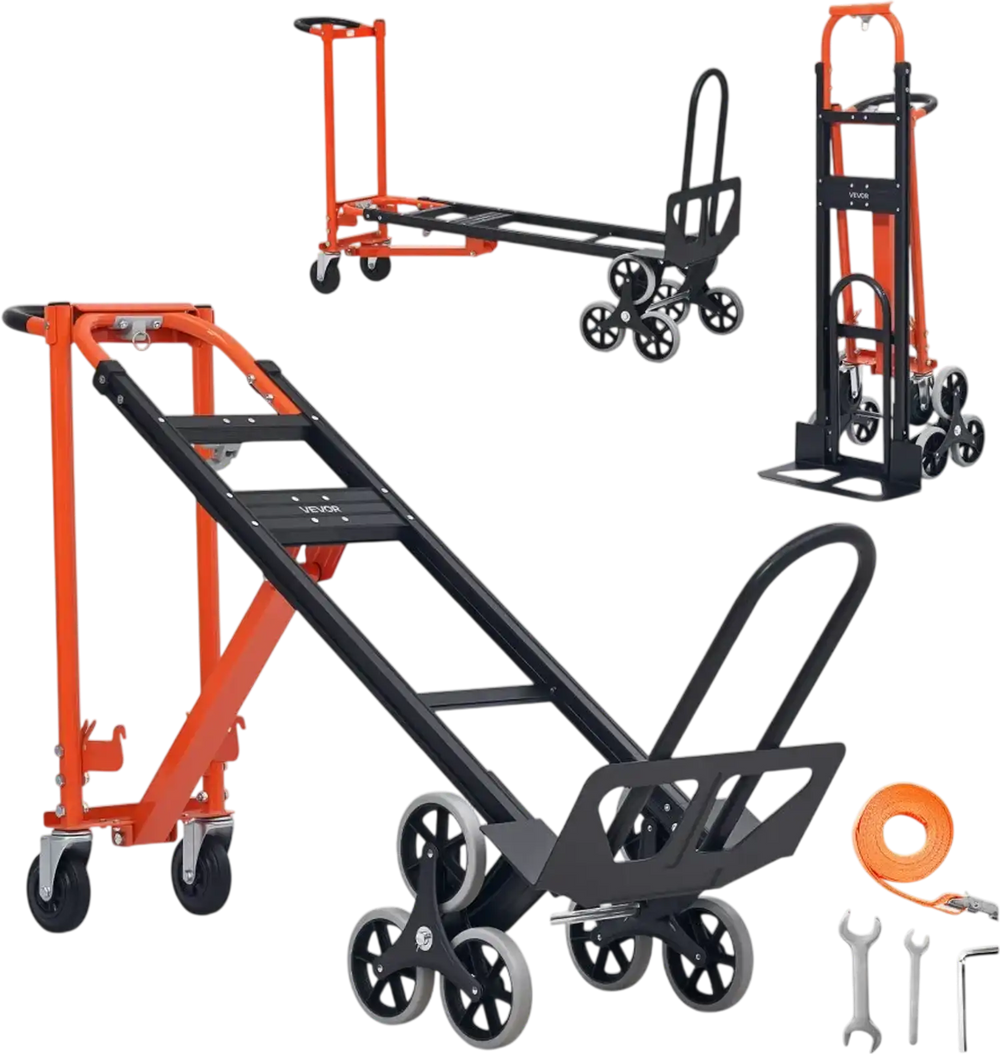 VEVOR 3 in 1 Industrial Convertible Stair Climbing Cart, 770 lbs Max Load, Folding Hand Truck Dolly with Handle & Wheels, Stair Climbing Utility Trolley for Transport & Moving, Orange & Silver