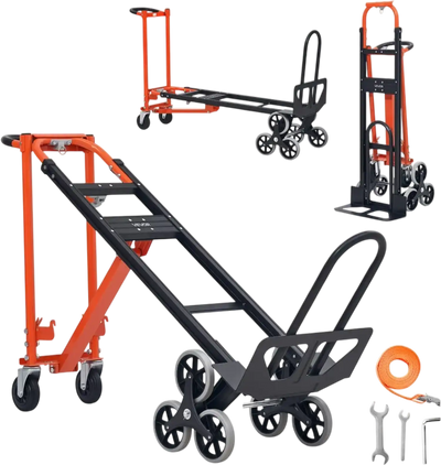 VEVOR 3 in 1 Industrial Convertible Stair Climbing Cart, 770 lbs Max Load, Folding Hand Truck Dolly with Handle & Wheels, Stair Climbing Utility Trolley for Transport & Moving, Orange & Silver