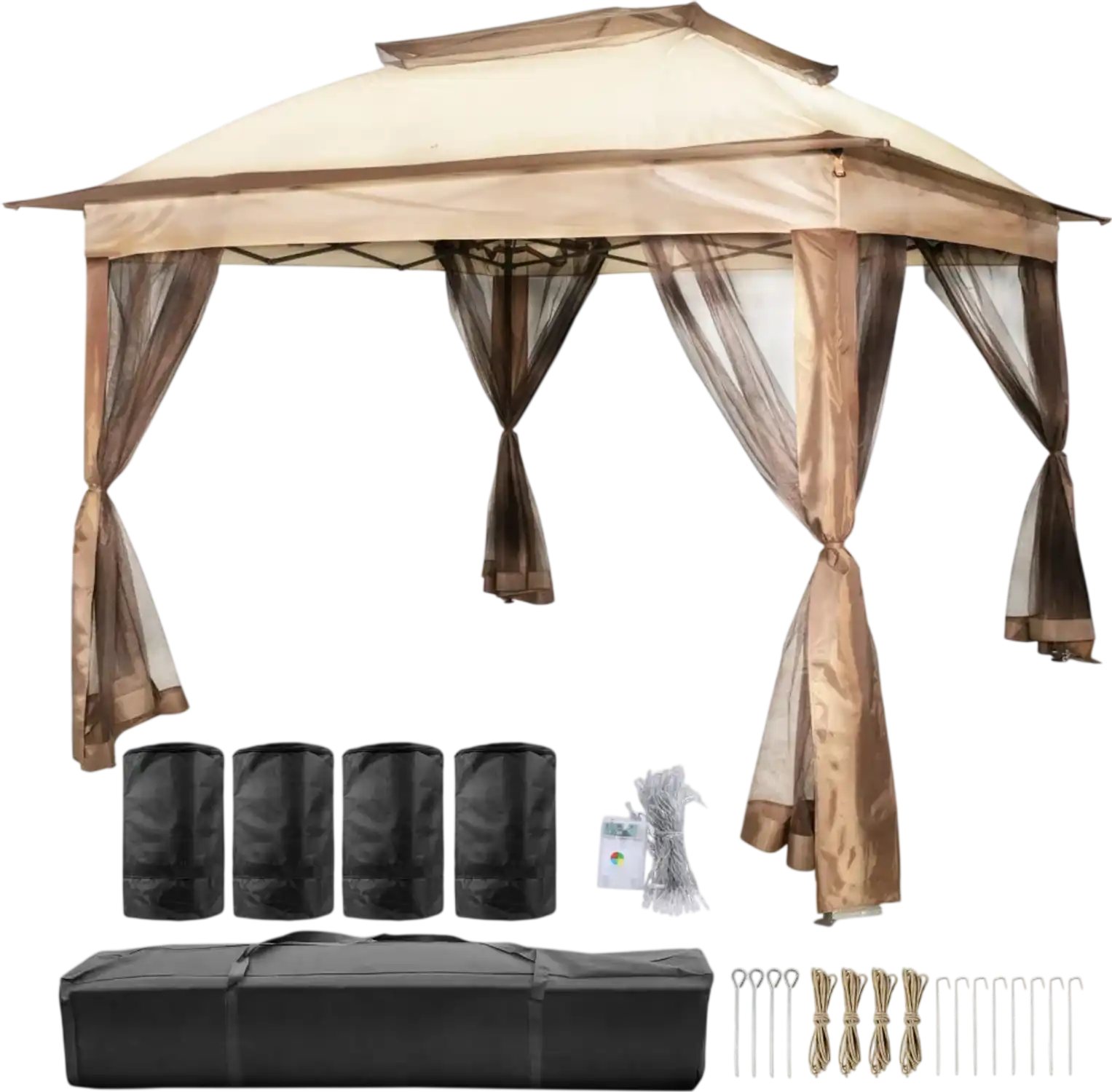 Vevor Gazebo Portable Outdoor Canopy Shelter with Netting 11' x 11' Brown New