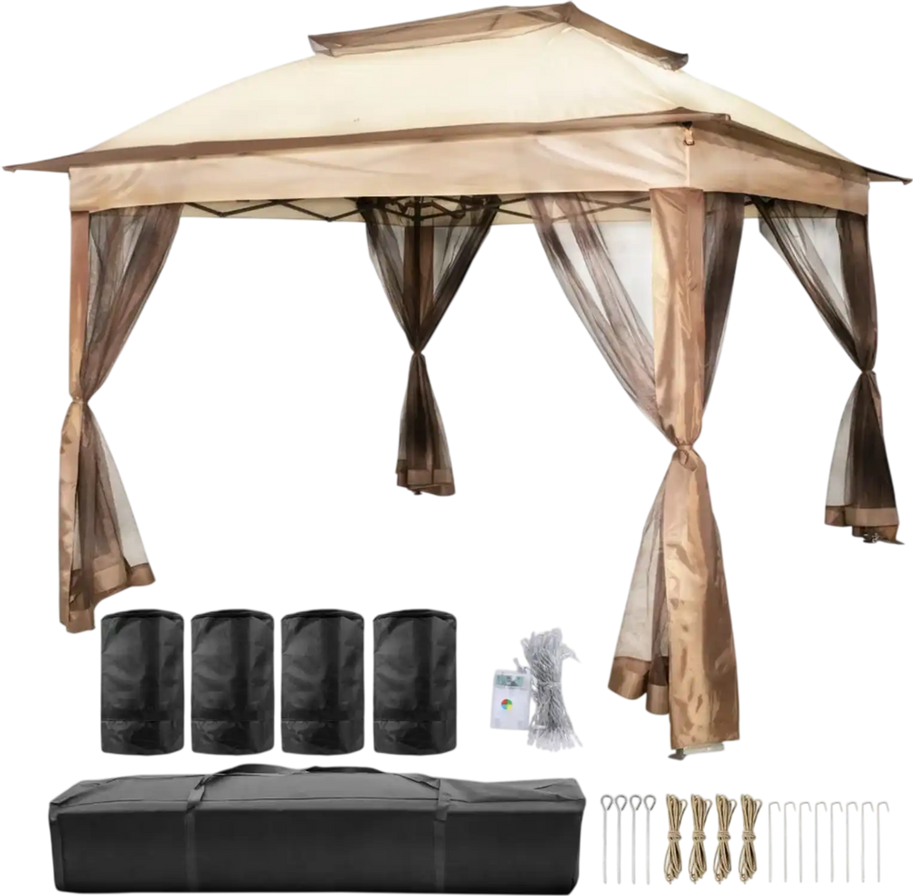 VEVOR Outdoor Canopy Gazebo Tent, Portable Canopy Shelter with 11'x11' Large Shade Space for Party, Backyard, Patio Lawn and Garden, 4 Sandbags, Carrying Bag and Netting Included, Brown