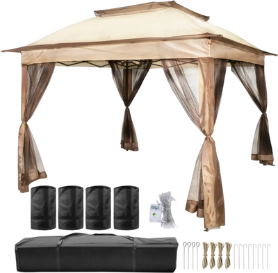 Vevor Gazebo Portable Outdoor Canopy Shelter with Netting 11' x 11' Brown New