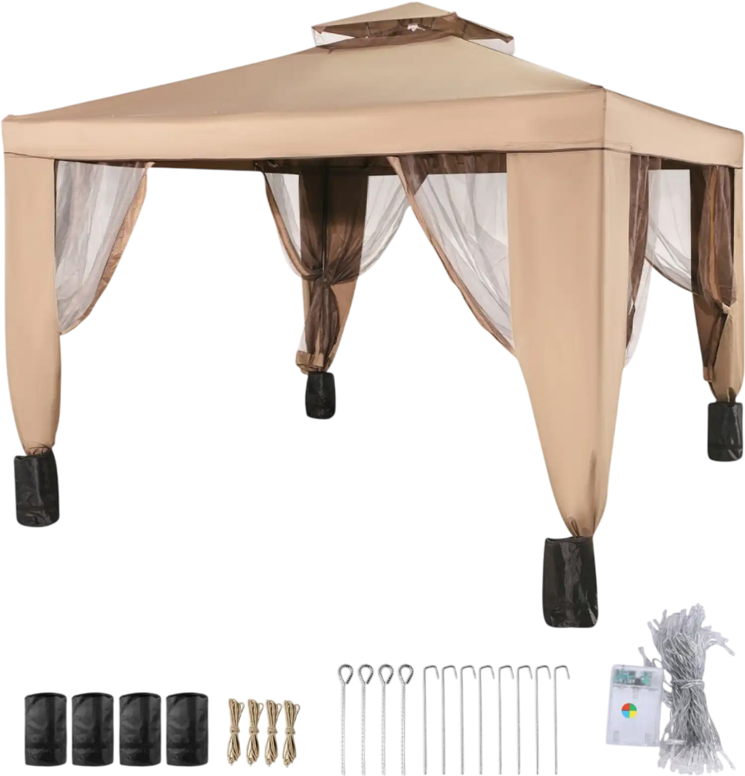 Vevor Gazebo Canopy Tent 10' x 10' Outdoor Shelter with Netting Brown New