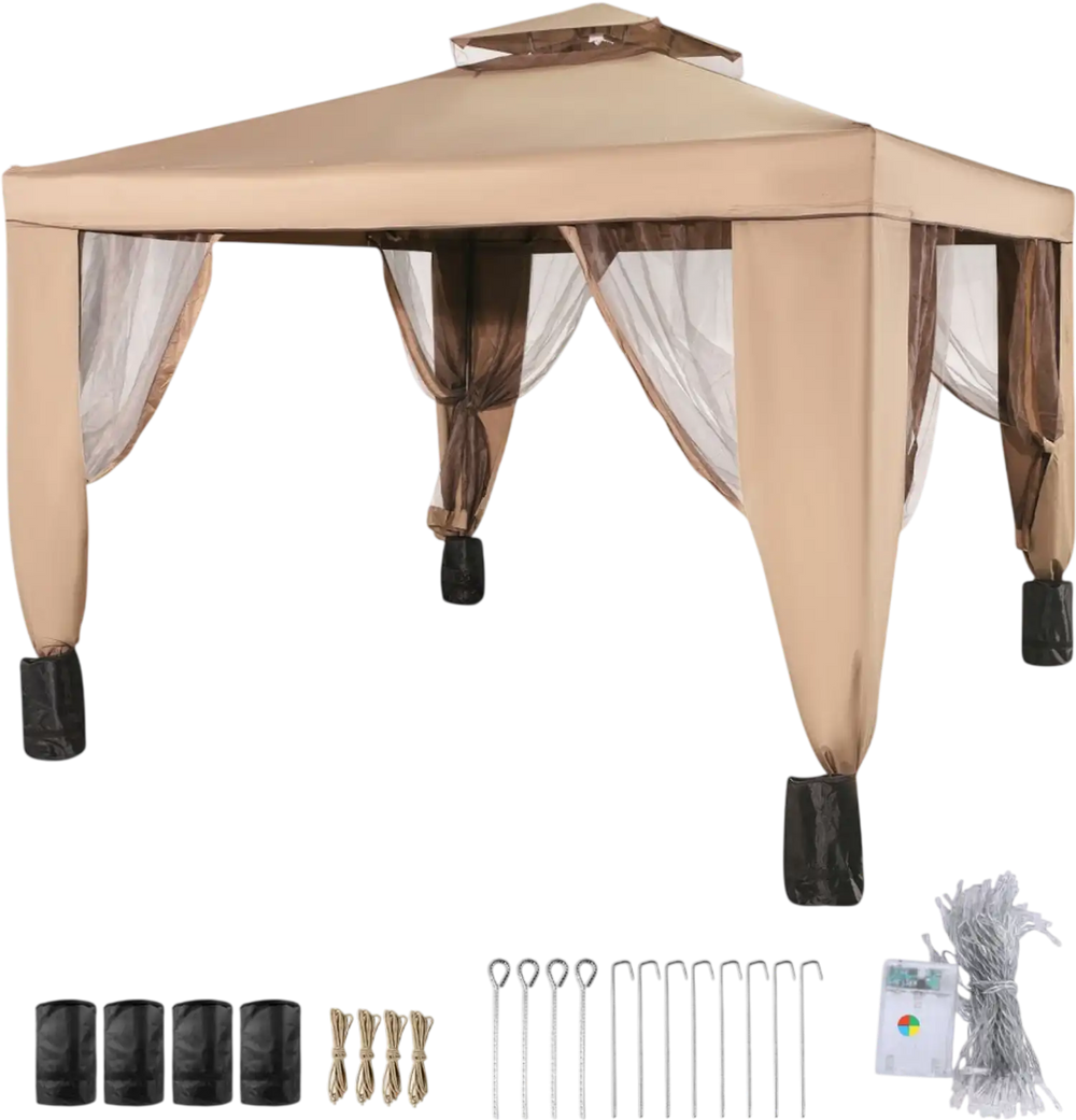 VEVOR Outdoor Canopy Gazebo Tent, Portable Canopy Shelter with 10\'x10\' Large Shade Space for Party, Backyard, Patio Lawn and Garden, 4 Sandbags, and Netting Included, Brown