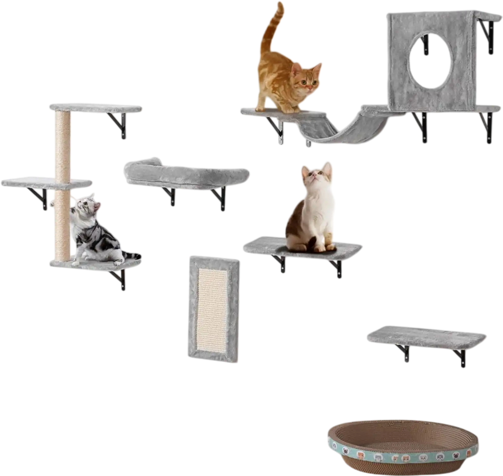 VEVOR Wall Mounted Cat Shelves, Cat Wall Shelves and Perches with Jumping Boards, Hammock, Sofa, Cat Tree & Cat Grip, Cat Furniture and Shelves up to 40 lbs for Sleeping, Playing, Climbing, Set of 6