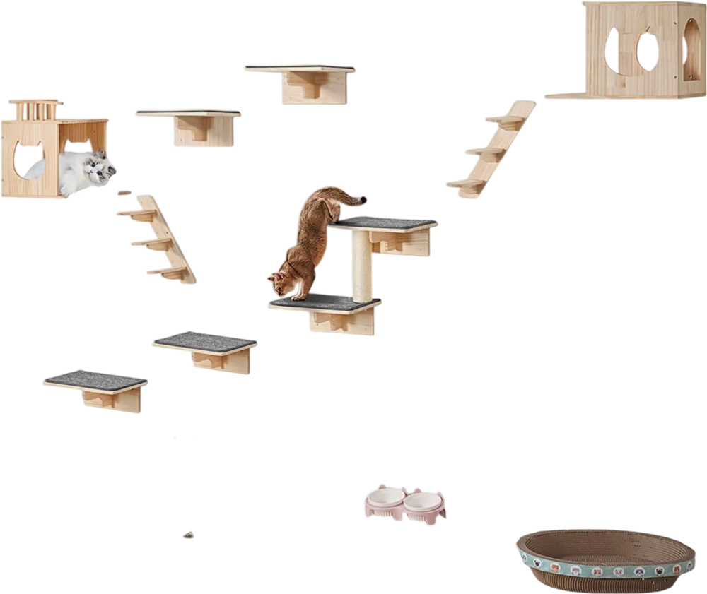 VEVOR Wall Mounted Cat Shelves, Cat Wall Shelves and Perches with Jumping Boards, Cat Beds, Hammocks & Cat Tree, Cat Furniture and Shelves up to 40 lbs for Sleeping, Playing, Climbing, Set of 9