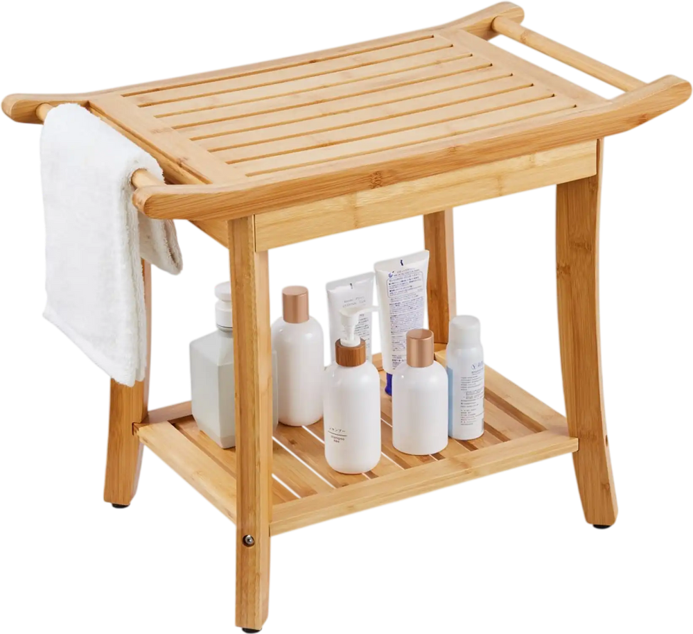 VEVOR Bamboo Shower Bench, 24 x 13.8 x 18.9 in, Waterproof Shower Stool Chair with Storage Shelf Handle, 300 lbs Load Capacity Spa Bath Seat Organizer, for Adults Seniors Women Elderly Indoor Outdoor