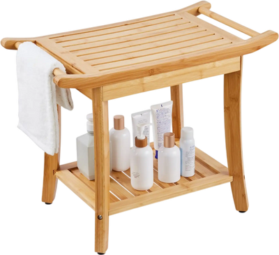 VEVOR Bamboo Shower Bench, 24 x 13.8 x 18.9 in, Waterproof Shower Stool Chair with Storage Shelf Handle, 300 lbs Load Capacity Spa Bath Seat Organizer, for Adults Seniors Women Elderly Indoor Outdoor