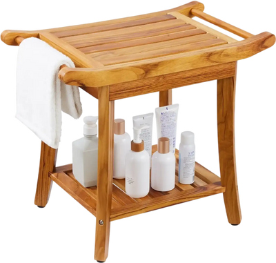 VEVOR Teak Shower Bench, 22 x 14.4 x 18.5 in, Waterproof Wood Shower Stool with Storage Shelf Handle Non-Slip Feet, 300 lbs Maximum Load Capacity Shower Chair Seat, for Bathroom Indoor and Outdoor Use