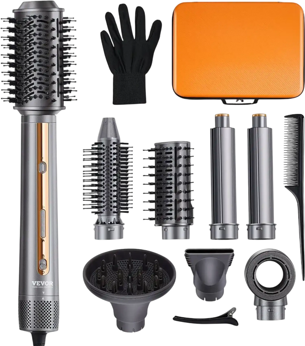 VEVOR Hair Styler and Dryer Brush, 7-in-1 Professional Multi Styler, 110,000RPM High-Speed Hot Air Styler with Brushless Motor, 2 Auto-Wrap Curlers, 3 Brushes & 3 Nozzles, Ionic Blow Dryer for Styling