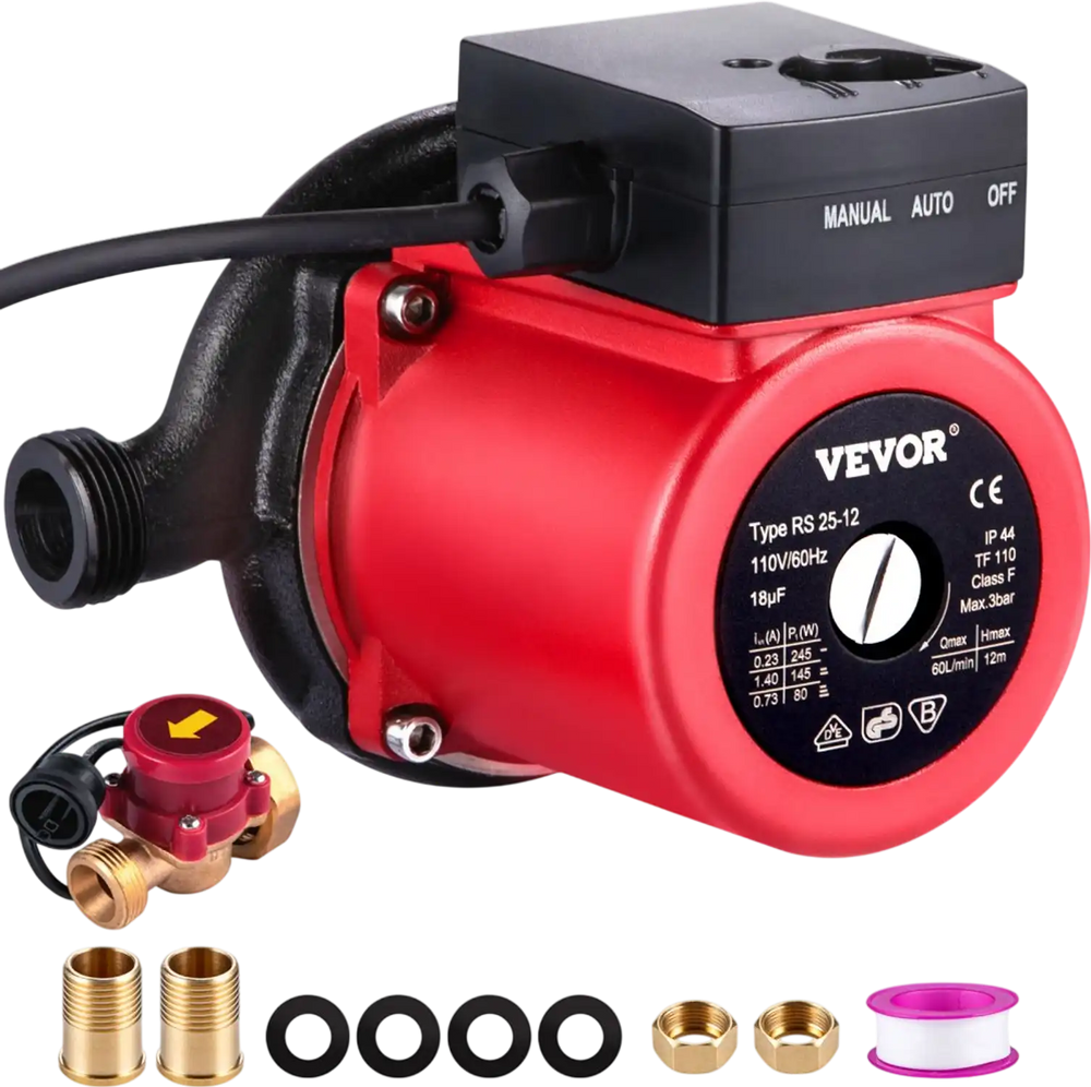 VEVOR Hot Water Recirculating Pump, 245W 110V Water Circulator Pump, Automatic Start Circulating Pump NPT 3/4\" with Brass Fittings, Stainless Steel Head, 2 Speed Control for Electric Water Heater Sys