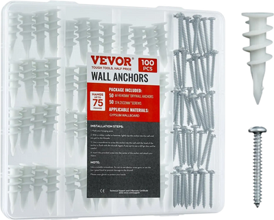 VEVOR Self Drilling Drywall Anchors, 100 PCS Dry Wall Anchors and Screws, Drywall Anchors Kit with Screws, No Drill Hole Required Nylon Plastic Wall Anchors and Heavy Duty Metal Screws, for Drywall