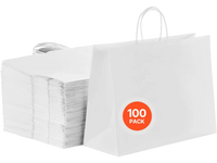 VEVOR Kraft Paper Bags with Handles, 100Pcs 16 x 6 x 12 in, Large Paper Grocery Bags, Reusable & Recycled Take-Out Sacks, Plain Party Bag Bulk for Birthday, Wedding, Business, Goody, White