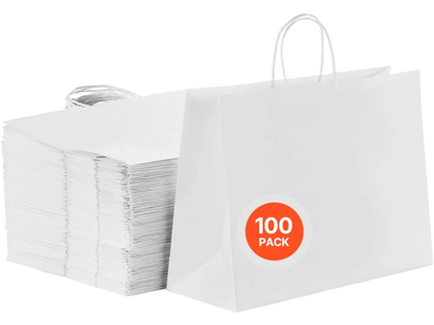 VEVOR Kraft Paper Bags with Handles, 100Pcs 16 x 6 x 12 in, Large Paper Grocery Bags, Reusable & Recycled Take-Out Sacks, Plain Party Bag Bulk for Birthday, Wedding, Business, Goody, White