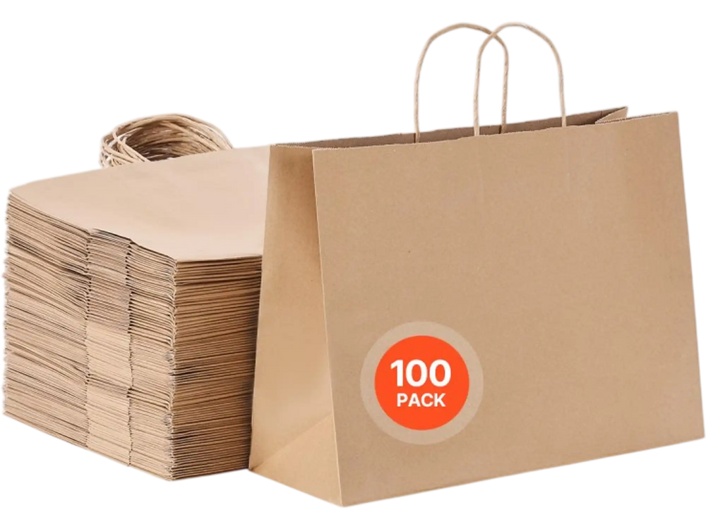 VEVOR Kraft Paper Bags with Handles, 100Pcs 16 x 6 x 12 in, Large Paper Grocery Bags, Reusable & Recycled Take-Out Sacks, Plain Party Bag Bulk for Birthday, Wedding, Business, Goody, Brown