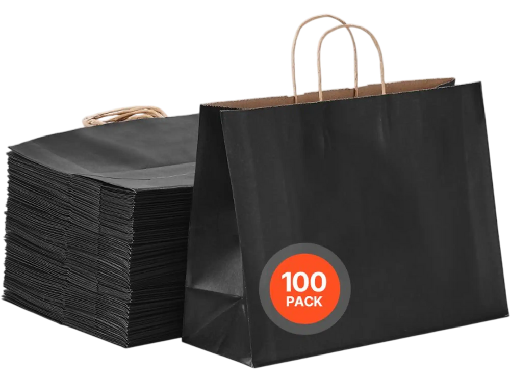 VEVOR Kraft Paper Bags with Handles, 100Pcs 16 x 6 x 12 in, Large Paper Grocery Bags, Reusable & 100% Recycled Take-Out Sacks, Plain Party Bag Bulk for Birthday, Wedding, Business, Goody, Black