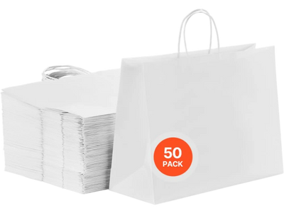 VEVOR Kraft Paper Bags with Handles, 50Pcs 16 x 6 x 12 in, Large Paper Grocery Bags, Reusable & Recycled Take-Out Sacks, Plain Party Bag Bulk for Birthday, Wedding, Business, Goody, White