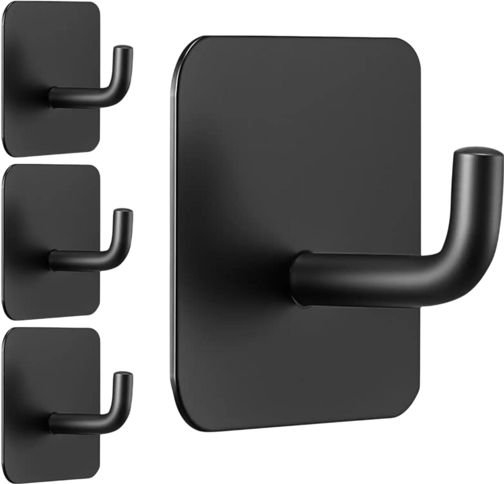 VEVOR Adhesive Hooks, 4 Pack Self-Adhesive Towel Coat Hooks, Heavy-Duty Wall Hook Hold 15 lbs (Max), Stainless Steel Sticky Hanger, for Bathroom, Kitchen, Hanging Towel, Coat & Keys (Matte Black)