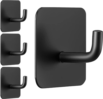 VEVOR Adhesive Hooks, 4 Pack Self-Adhesive Towel Coat Hooks, Heavy-Duty Wall Hook Hold 15 lbs (Max), Stainless Steel Sticky Hanger, for Bathroom, Kitchen, Hanging Towel, Coat & Keys (Matte Black)