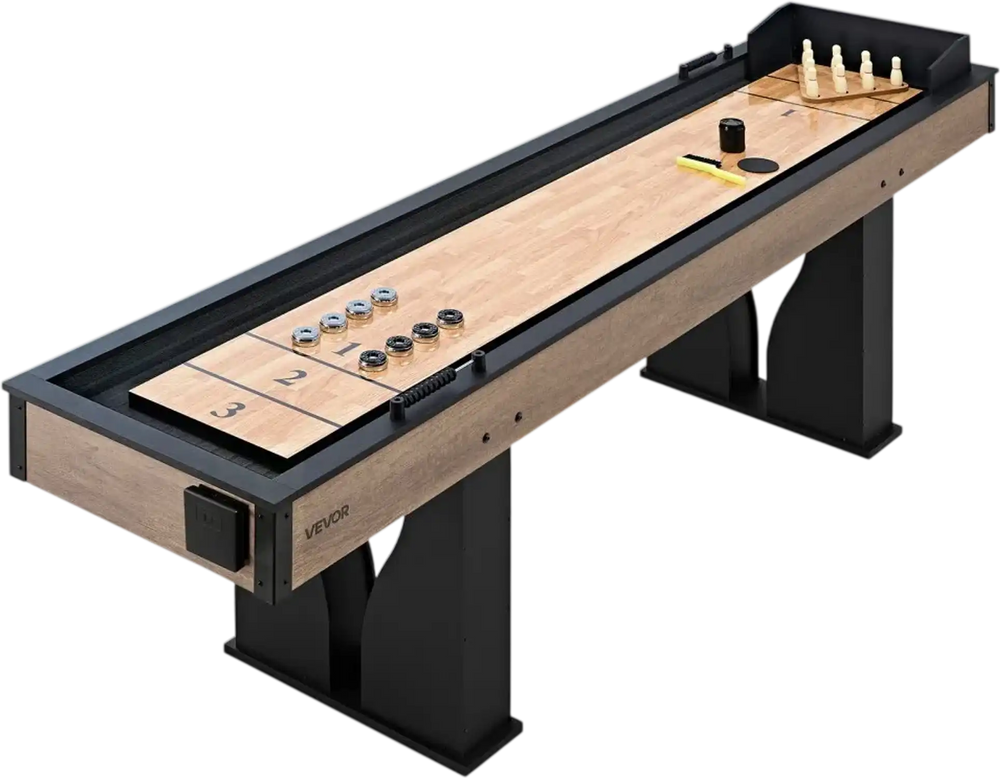 VEVOR 9 ft LED Shuffleboard Table, 2 in 1 Shuffleboard and Bowling Combo Set, Shuffle Board with Light‑Up Rails, Scratch-Resistant Playfield, 8 Pucks, Bowling Set, Wax, Brush, for Family Game Room