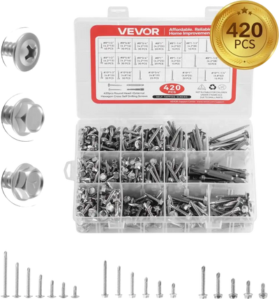 VEVOR 420 PCS Self Drilling Screws, Stainless Steel #8 #10 Sheet Metal Screw Assortment Kit for Metal and Wood, Phillips Truss Head & Hex Head Self Tapping Screws, Length 1/2 Inch to 2 Inch, Silver