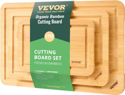 VEVOR Cutting Board, 3 Pieces, Premium Versatile Bamboo Cutting Board with Food-Grade Oil and Juice Groove,Sturdy & Durable Chopping Board with Built-in Handle, Fit for Display, Chopping & Serving