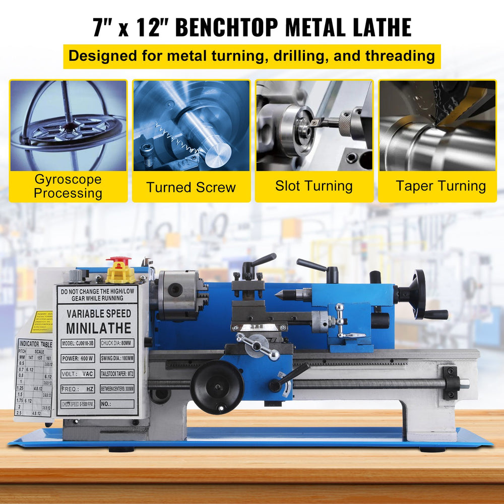 Vevor Mini Metal Lathe 7" x 12" Variable Speed 2250 RPM 400W New