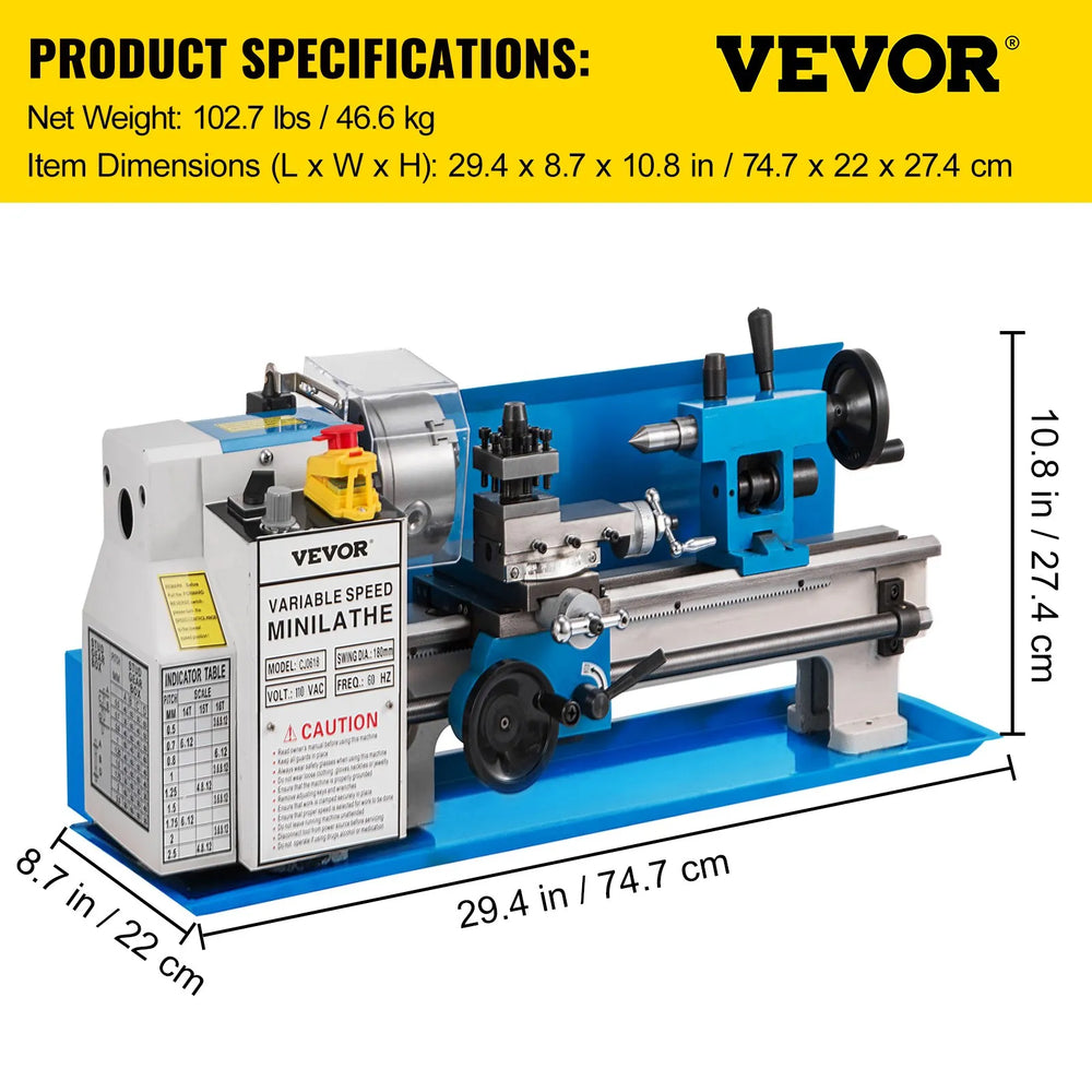Vevor Metal Lathe 7" x 14" Variable Speed 0-2250 RPM with 4" 3-Jaw Chuck New