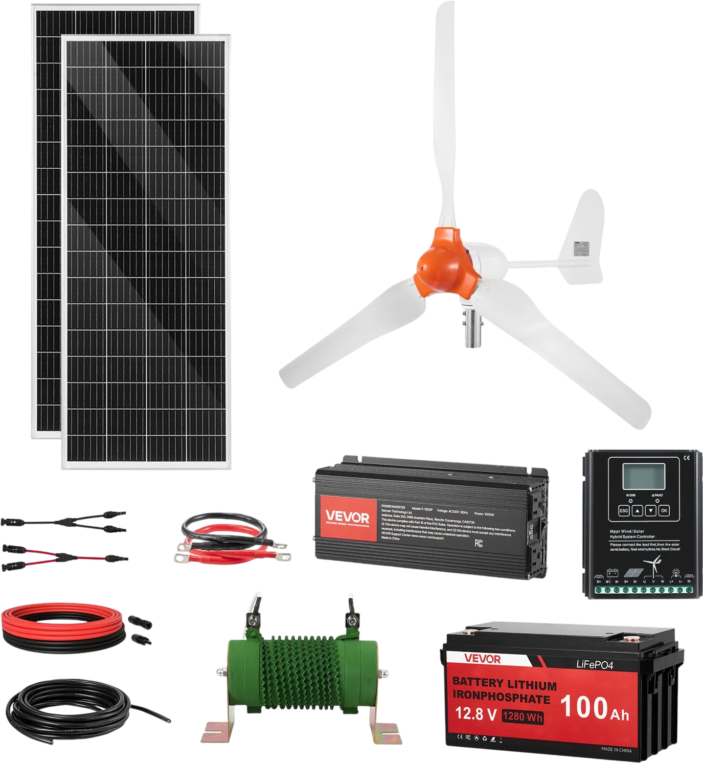 Vevor Solar Wind Power Kit 600W 12V with 2 Panels Wind Turbine Battery Inverter MPPT Controller New
