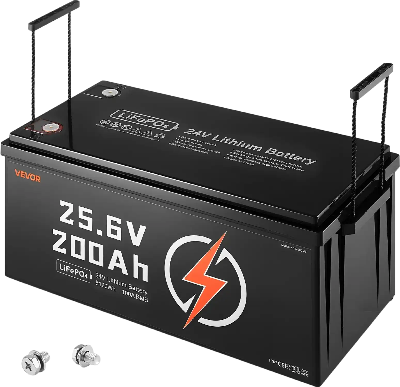 Vevor LiFePO4 Lithium Battery 24V 200Ah 5120Wh with Built-in 100A BMS New