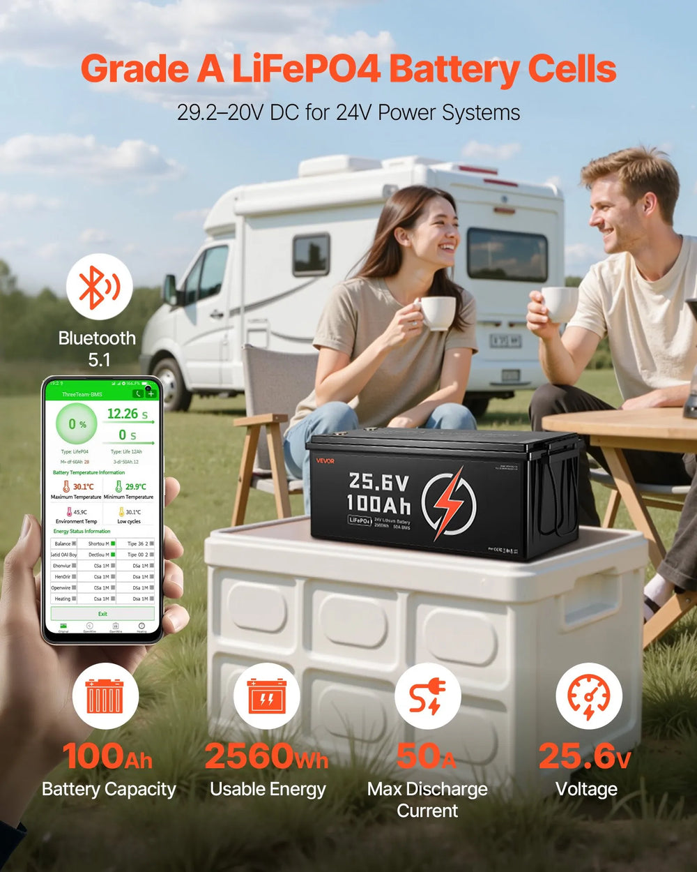 Vevor LiFePO4 Lithium Battery 24V 100Ah Built-in 50A BMS 2560Wh Bluetooth New