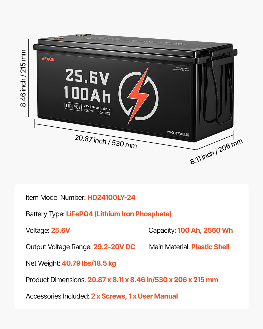 Vevor LiFePO4 Lithium Battery 24V 100Ah Built-in 50A BMS 2560Wh Bluetooth New