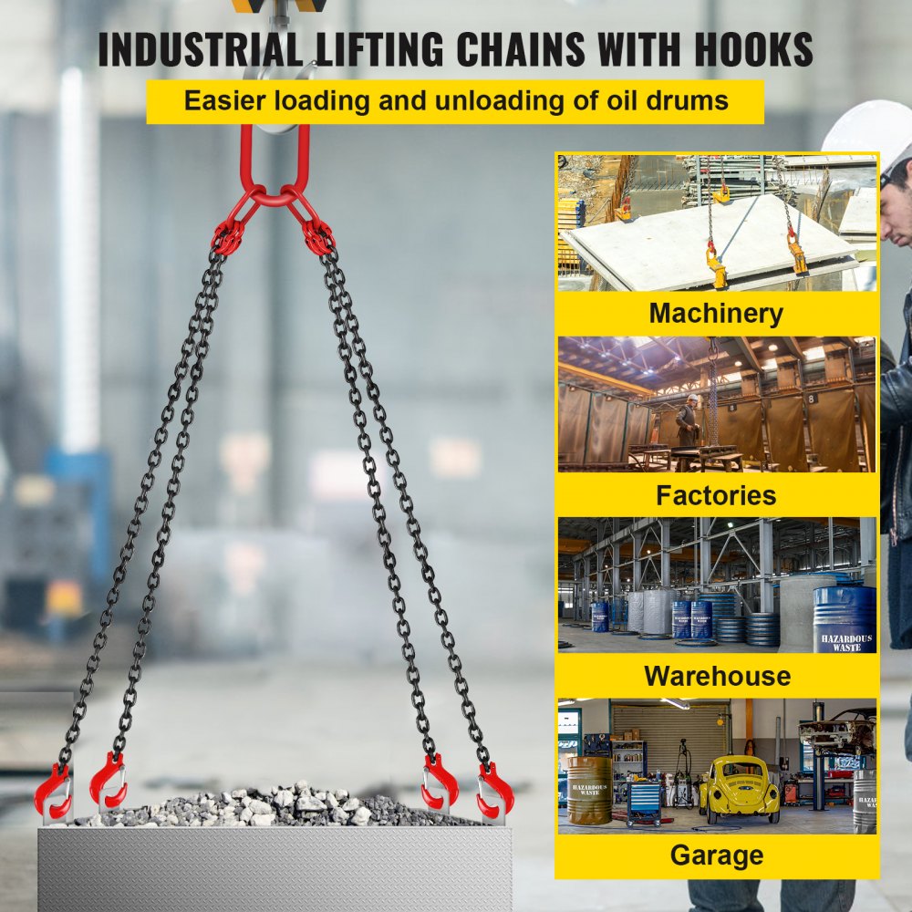 VEVOR Chain Sling, 5/16 inch x 5 ft Lifting Chains with Hooks, G80 Engine Chain Hoist Lifts, 11000 lbs/5 Ton Capacity Lifting Sling Chains for Engine Hoist, Engine Lift Chain with 4 Leg Grab Hooks