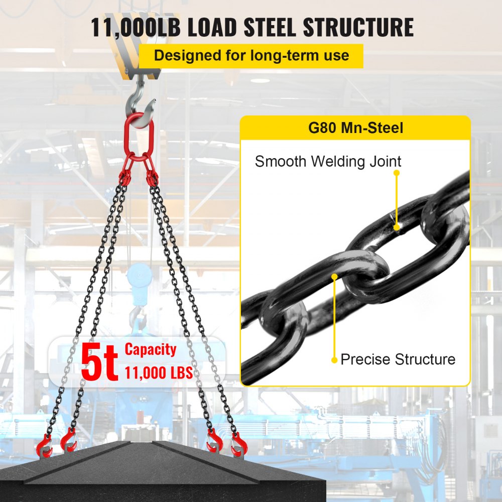 VEVOR Chain Sling, 5/16 inch x 5 ft Lifting Chains with Hooks, G80 Engine Chain Hoist Lifts, 11000 lbs/5 Ton Capacity Lifting Sling Chains for Engine Hoist, Engine Lift Chain with 4 Leg Grab Hooks