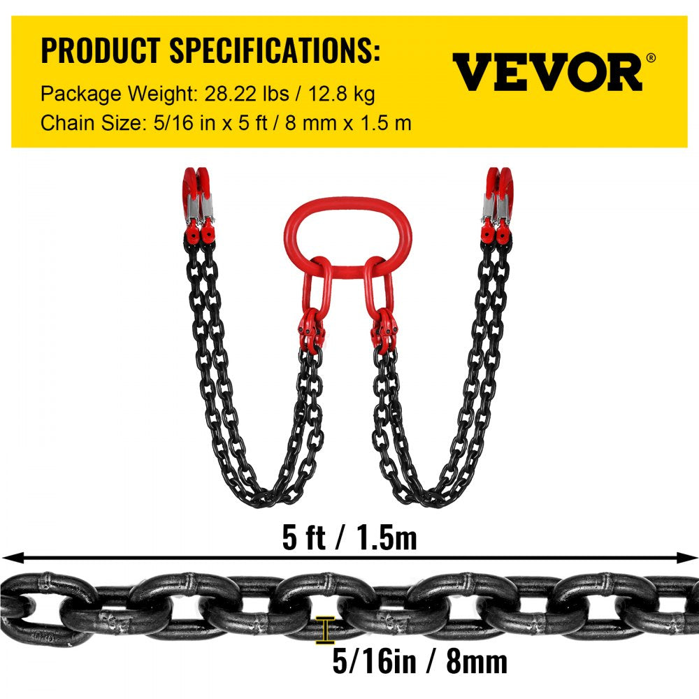 VEVOR Chain Sling, 5/16 inch x 5 ft Lifting Chains with Hooks, G80 Engine Chain Hoist Lifts, 11000 lbs/5 Ton Capacity Lifting Sling Chains for Engine Hoist, Engine Lift Chain with 4 Leg Grab Hooks
