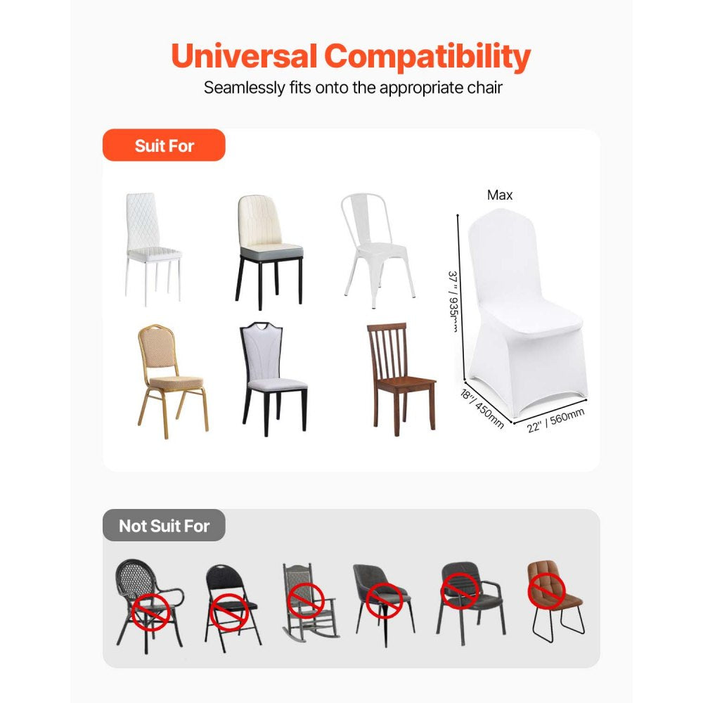 VEVOR Stretch Spandex Folding Chair Covers, Universal Fitted Chair Cover, Removable Washable Protective Slipcovers, for Wedding, Holiday, Banquet, Party, Celebration, Dining (100PCS White)