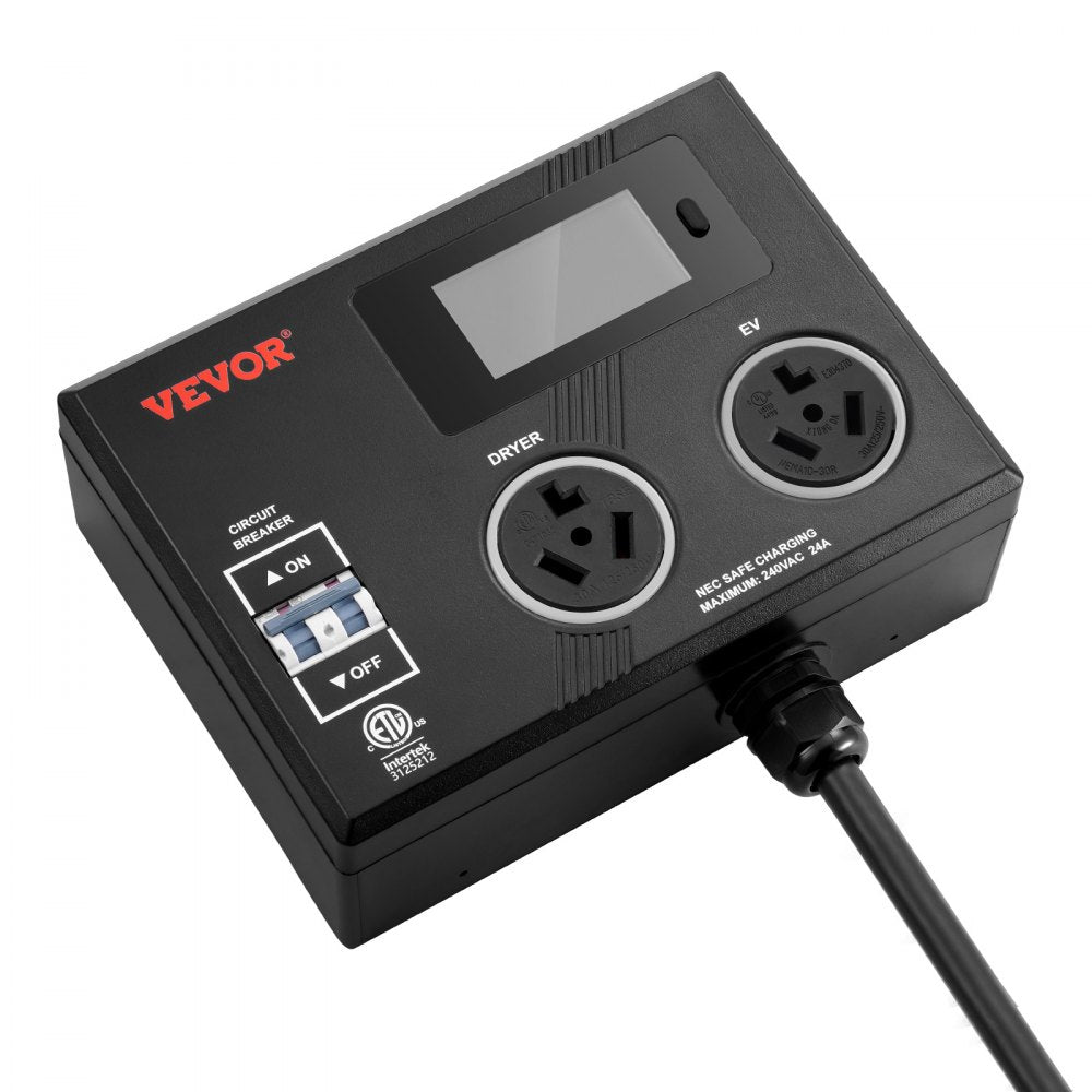 VEVOR NEMA Splitter for Dryer and EV, 3-Color LED Indicator, 240V Smart Power Distribution, With NEMA 10-30 Plug, Two NEMA 10-30 Outlets, 3.4 in LCD Screen, Max 24A Dryer EV, Tested to ETL Standard
